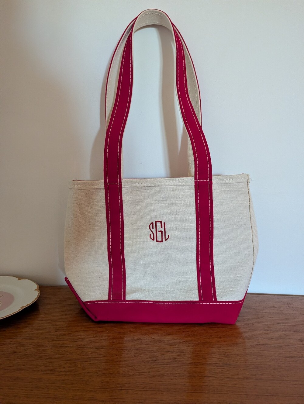 Vintage 80s LL Bean Boat And Mini Tote Bag Red White USA Long Handle Deadstock